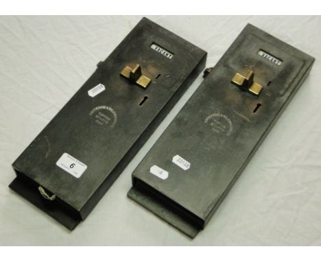 A pair of brass penny in slot Public Convenience locks by Lockerbie & Wilkinson Ltd., Tipton, Staffs.
