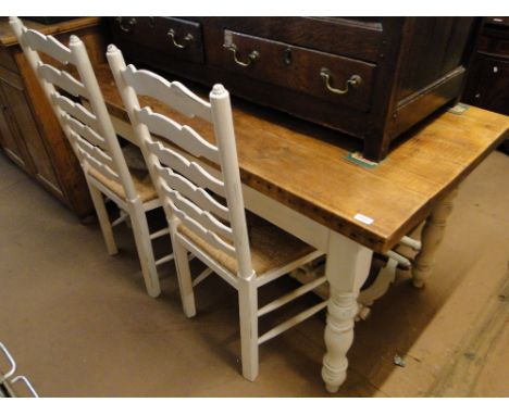 A polished and painted pine plank top kitchen table, together with a set of 4 painted ladder back chairs, table length 5'.