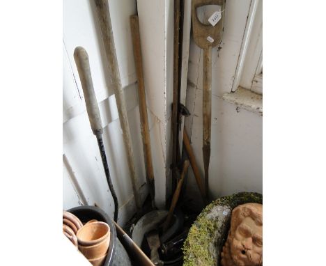 Long handled gardening tools, galvanised bucket, hand tools, etc.