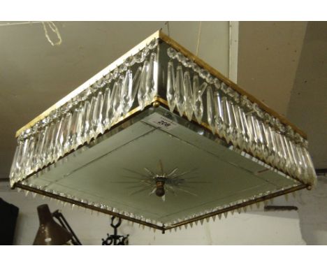 A square glass ceiling light with frosted shade and lustre drops.