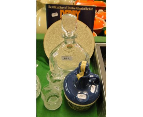 A 200th Derby memorabilia - book & decanter, and a rum decanter and 2 glasses.