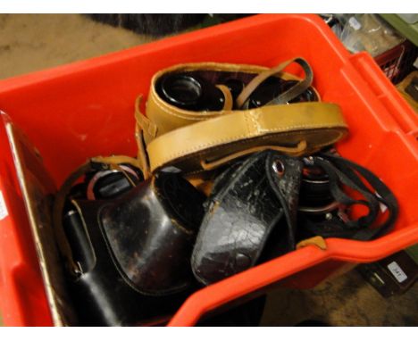 A Zenit camera, Pentax camera, leather cased binoculars, etc.
