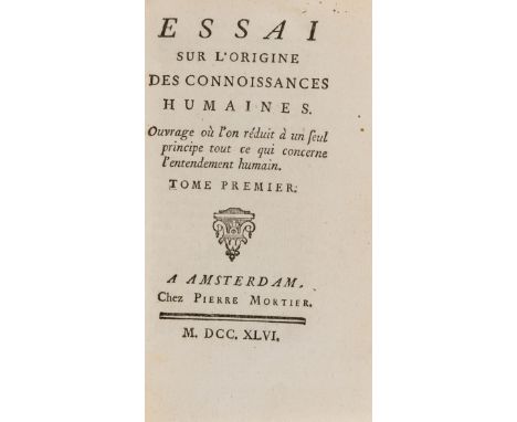 Condillac (Étienne Bonnot de) Essai sur l'origine des connaissances humaines, 2 vol., first edition, half-title to vol.2 only