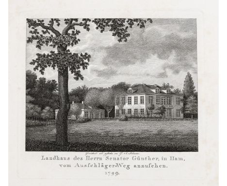 Lehmann (Gottfried Arnold) Samlung Schöner Ansichten und Vorzüglicher Gebäude in und um Hamburg, suite of 4 fine engravings o