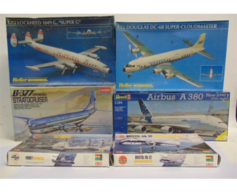 SIX ASSORTED UNMADE PLASTIC AIRCRAFT KITS  in 1/72 (5) and 1/144 (1) scales, including a Heller Lockheed 1049 G 'Super G'; He