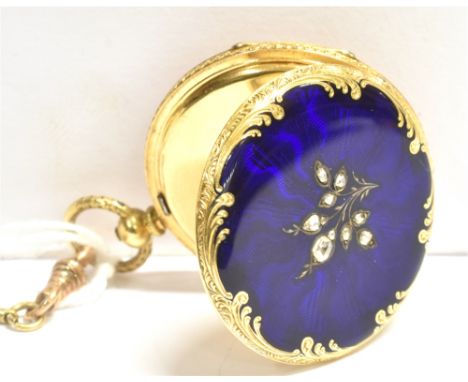 A ROSE CUT DIAMOND AND GUILLOCHE ENAMEL CASE LADIES POCKET WATCH and chain, the watch with gilt floral dial, black Roman nume