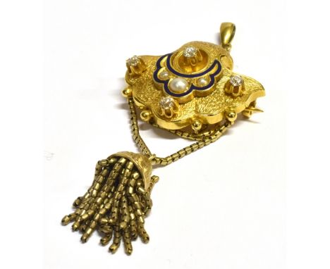 AN OLD CUT DIAMOND, SEED PEARL AND ENAMEL TASSEL PENDANT/BROOCH Four small old cut diamonds and three seed pearls set in gilt