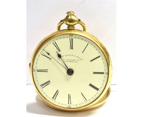 THO RUSSELL &amp; SON 20 SLATER STREET, LIVERPOOL MARKED 18 YELLOW METAL CASE POCKET WATCH  the signed white enamel dial with