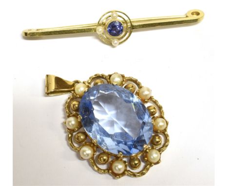 TWO ITEMS OF SEED PEARL JEWELLERY  a sapphire and seed pearl yellow metal bar brooch with safety pin clasp, length 5.1cm, and