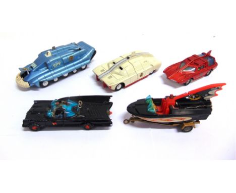 FIVE TELEVISION &amp; FILM-RELATED DIECAST MODEL VEHICLES  circa 1960s, by Dinky, and Corgi, including a Batmobile and Batboa