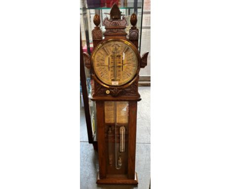 A LATE VICTORIAN OAK CASED ADMIRAL FITZROY BAROMETER the carved oak case enclosing a 10' calibrated dial inscribed IMPROVED T