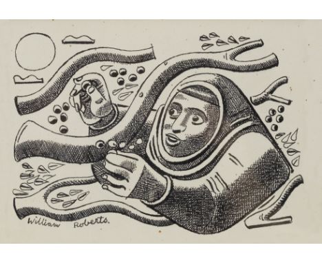 William Roberts R.A. (British, 1895-1980)Woman Picking Nuts signed 'William Roberts.' (lower left)pen and ink on paper9.5 x 1
