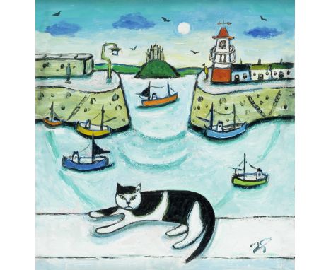 Joan Gillchrest (British, 1918-2008)View of Newlyn Harbour with Cat signed with initials 'JG' (lower right); further signed a