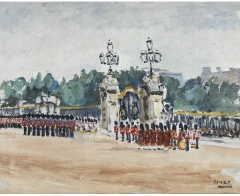 Paul Lucien Maze (French, 1887-1979)Guards Outside Buckingham Palace signed 'Maze' (lower right)oil on board56 x 70.5cm (22 1