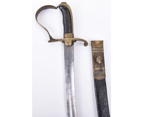 19th Century Imperial German “Kinder” Sword, brass guard with blackened ribbed wood handle. Leather and brass mounted scabbar