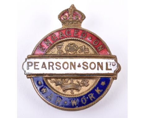 WW1 Engaged on War Work Pearson &amp; Son Ltd Lapel Badge, fine gilt brass and enamel example with fitting to the reverse. Ma