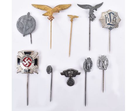 10x Third Reich Organisation Pin Badges and Miniature Awards, including RLB stick pin, Reichstreubund enamel stick pin, 3x va