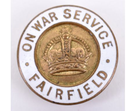 WW1 On War Service Fairfield Lapel Badge, gilt brass circular badge with white enamel border. Made by W J Dingley Birmingham.