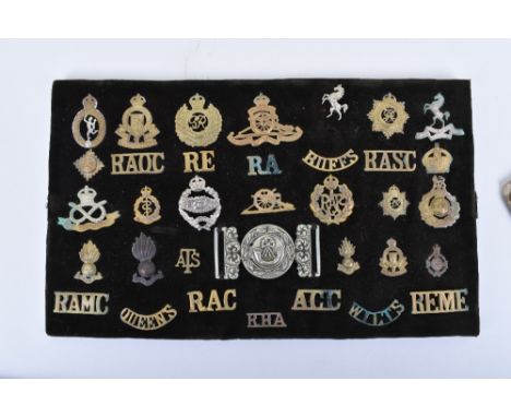 3x Display Boards of British Regimental Cap Badges and Shoulder Titles, consisting of various regiments, including The Buffs,