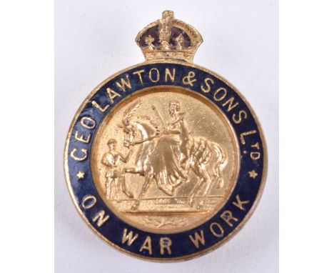 WW1 On War Work Geo Lawton &amp; Sons Ltd Lapel Badge, gilt brass circular badge with blue enamel border. Made by Fattorini B