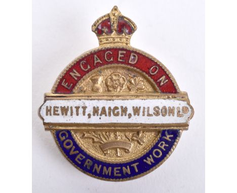 WW1 Engaged on Government Work Hewitt Haigh &amp; Wilson Ltd Lapel Badge, fine gilt and enamel example made by Thomas Fattori