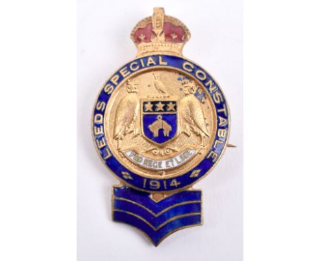WW1 1914 Leeds Special Constable Sergeants Badge, fine gilt and enamel example with coat of arms to the centre and blue ename