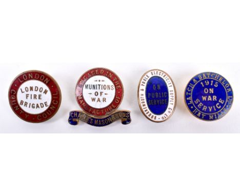 4x WW1 On War Service / Home Front Enamel Badges, consisting of Engaged in the Manufacture of Munitions of War Charles Manson