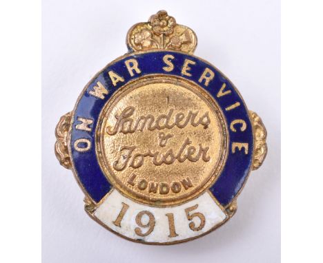 WW1 On War Service 1915 Sanders &amp; Forster London Lapel Badge, gilt brass circular badge with blue and white enamel border