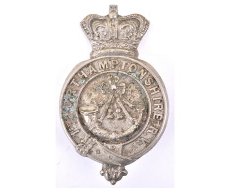 Victorian 1st Northamptonshire Rifle Volunteers Headdress Badge, white metal crowned garter strap with regimental details and