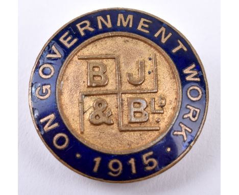 WW1 On Government Work 1915 B J &amp; B Ltd Lapel Badge, gilt brass circular badge with blue enamel border. Made by W J Dingl