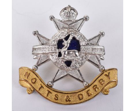 Notts &amp; Derby Regiment Officers Cap Badge, fine silver gilt and enamel example with two lug fittings to the reverse of th