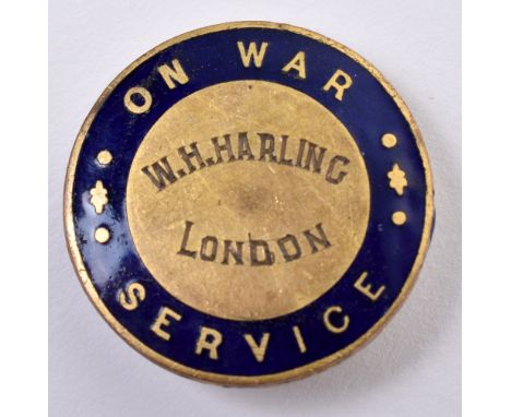 WW1 On War Service W H Harling London Lapel Badge, gilt brass circular badge with blue enamel border. Un-marked reverse. Gene