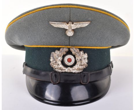 WW2 German Army Regimentally Marked Cavalry NCO’s Peaked Cap, fine example in green / grey doeskin wool with golden yellow pi