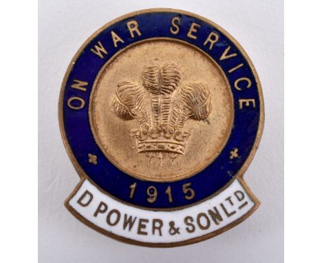 WW1 On War Service 1915 D Power &amp; Son Ltd Lapel Badge, gilt brass circular badge with blue enamel border and white enamel