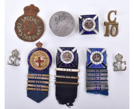 6x WW1 Period Special Constabulary Badges, consisting of hallmarked silver and enamel badge for the Bolton Special Constabula