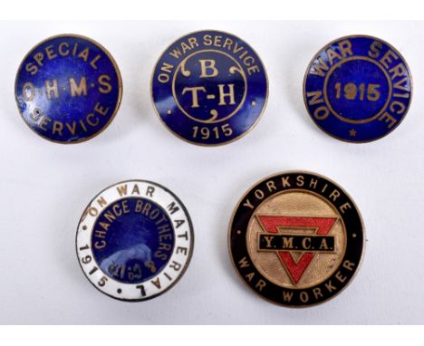 5x WW1 On War Service Badges, all being enamel examples, consisting of blue enamel On War Service 1915, blue enamel OHMS Spec