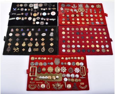 5x Display Boards of British Regimental Cap Badges, Enamel Badges, Buttons and Insignia, including Women’s Land Army enamel b