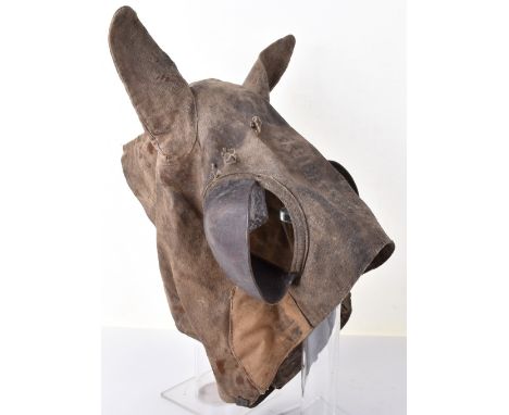 Rare WW1 German Horse Head Cover, being a heavy canvas material headdress piece with pointed ear sections, leather eye protec