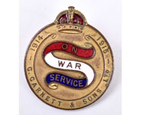 WW1 1914-15 On War Service G Garnett &amp; Sons Ltd Lapel Badge, fine gilt brass and enamel example with lapel fitting to the