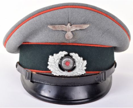 WW2 German Army Artillery NCO’s Peaked Cap, green / grey doeskin material with metal cap cockade (loose) and eagle. Patent NC