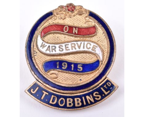 WW1 On War Service 1915 J T Dobbins Ltd Lapel Badge, fine gilt brass and enamel example with fitting to the reverse. Made by 