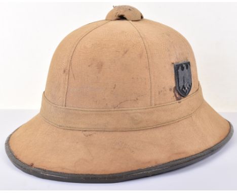 WW2 German Afrika Korps Pith / Sun Helmet, being a 1st model example in tropical cloth over cork. Leather trim to the brim an