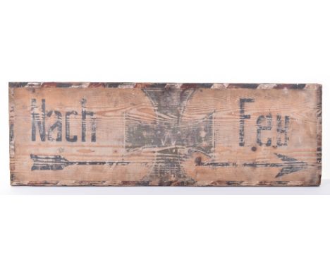 WW1 German Wooden Trench / Barracks Sign, large rectangular wooden sign with large painted Maltese cross to the centre, arrow