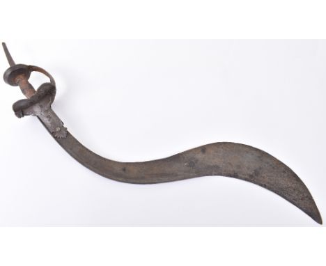 Indian Sword Khanda, c.1800, T-section recurved single edge blade 25.75 cms massively swollen towards the tip and with traces