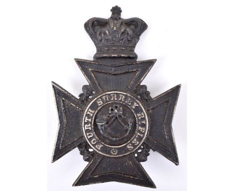 Victorian Fourth Surrey Rifles Helmet Plate, blackened Maltese cross helmet plate with Victorian crown to the top arm, circle