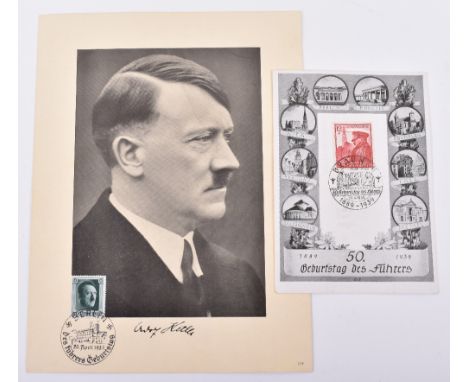 2x Third Reich Adolf Hitler Philatelic Items, being a card to celebrate the 50th birthday of Adolf Hitler with special stamp 