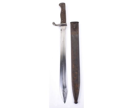 Imperial German Mauser 98/05 Butcher Bayonet with Sawback Edge Removed, being a good standard model with two piece wooden sla