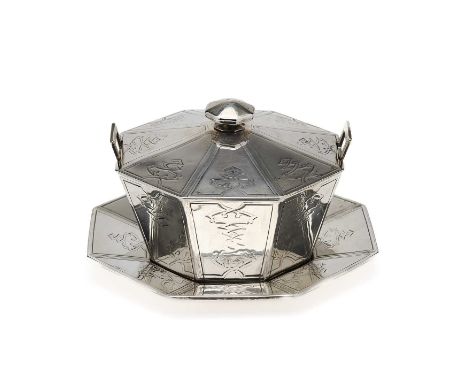 A VICTORIAN SILVER BUTTER DISH, COVER AND STAND, WILLIAM CUMMING, LONDON, 1843 octagonal, the tapering body with angular hand