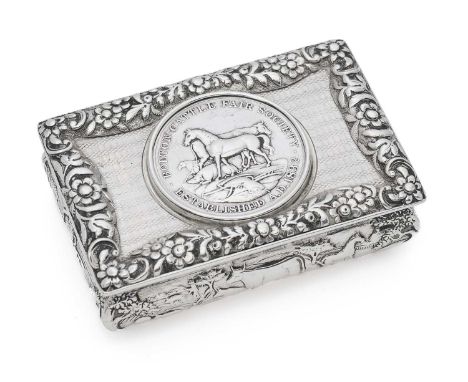 A WILLIAM IV SILVER TABLE SNUFF BOX, NATHANIEL MILLS, BIRMINGHAM, 1833  rectangular, the lid set with a medal of cattle and h