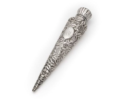 A VICTORIAN SILVER SCENT FLASK, FRANCIS HIGGINS & SON, LONDON, 1888 flattened conical, decorated all over with roses on a mat